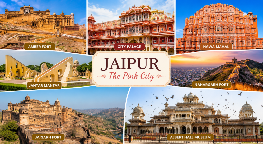 Top places to visit in Jaipur including Amber Fort, Hawa Mahal, and City Palace