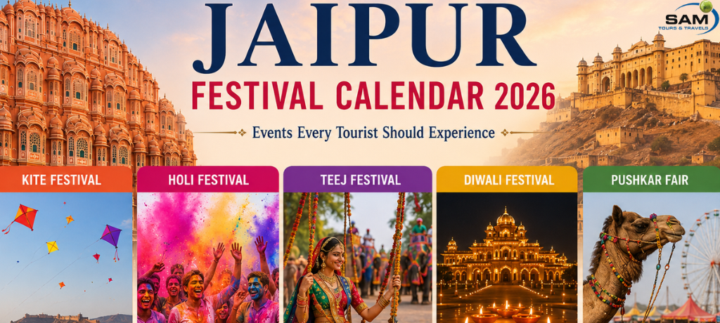 "Jaipur Festival Calendar 2026 with Rajasthan's top cultural festivals and iconic landmarks."