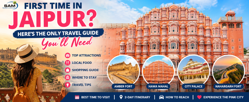 Top places to visit in Jaipur including Amber Fort, Hawa Mahal, and City Palace
