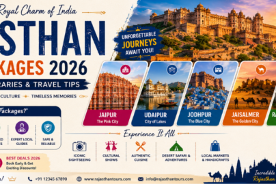 Rajasthan Tour Packages 2026 creative travel banner showcasing royal cities, desert safaris, and cultural experiences