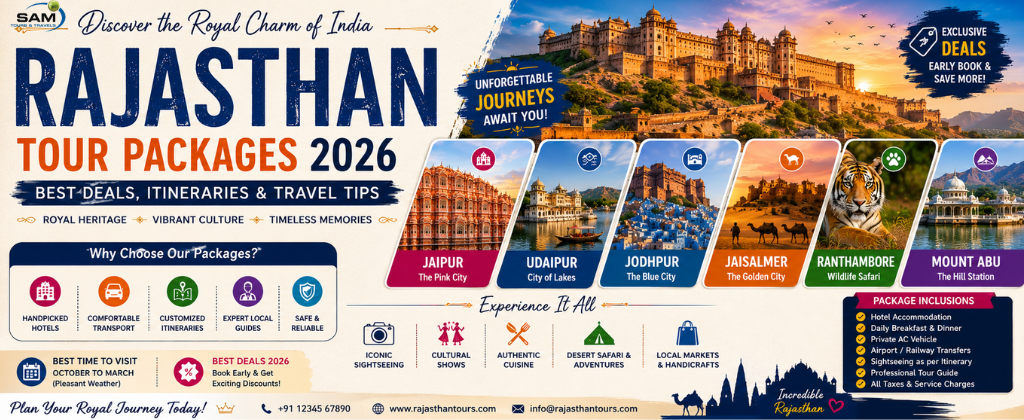 Rajasthan Tour Packages 2026 creative travel banner showcasing royal cities, desert safaris, and cultural experiences