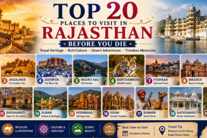 Rajasthan travel collage showcasing the top 20 tourist destinations across the Land of Kings