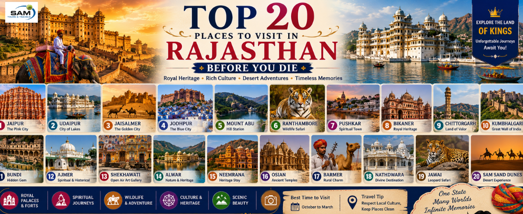 Rajasthan travel collage showcasing the top 20 tourist destinations across the Land of Kings