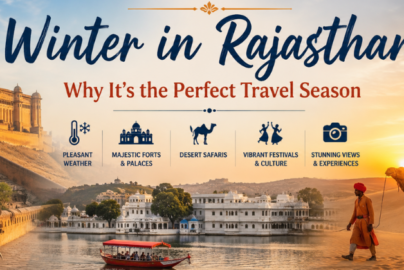 Travel promotion for Rajasthan in winter with Amber Fort, Udaipur lake views, desert safari camels, and cultural attractions.