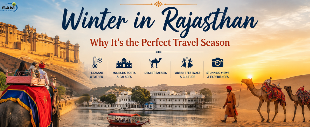 Travel promotion for Rajasthan in winter with Amber Fort, Udaipur lake views, desert safari camels, and cultural attractions.