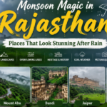 Rajasthan during monsoon season showcasing Udaipur, Mount Abu, Bundi, Jaipur, Pushkar, and Jhalawar surrounded by lush greenery.