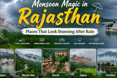 Rajasthan during monsoon season showcasing Udaipur, Mount Abu, Bundi, Jaipur, Pushkar, and Jhalawar surrounded by lush greenery.