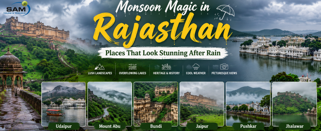 Rajasthan during monsoon season showcasing Udaipur, Mount Abu, Bundi, Jaipur, Pushkar, and Jhalawar surrounded by lush greenery.