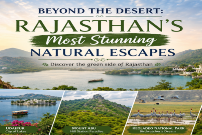 Scenic Rajasthan nature destinations showcasing Udaipur, Mount Abu, Jawai, Keoladeo National Park, and Kumbhalgarh amid lush landscapes.