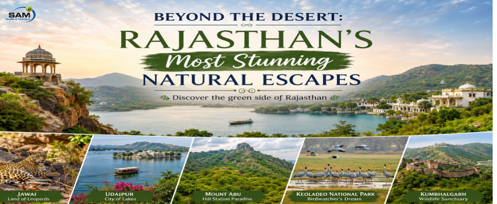 Scenic Rajasthan nature destinations showcasing Udaipur, Mount Abu, Jawai, Keoladeo National Park, and Kumbhalgarh amid lush landscapes.