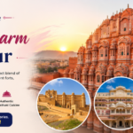 Jaipur travel banner highlighting Hawa Mahal, Amber Fort, City Palace, and Rajasthan tourism attractions.