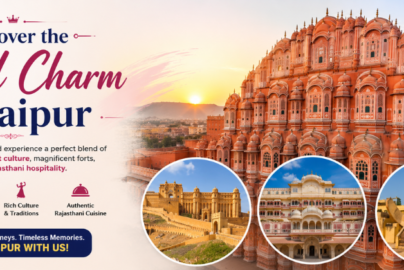 Jaipur travel banner highlighting Hawa Mahal, Amber Fort, City Palace, and Rajasthan tourism attractions.