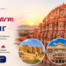 Jaipur travel banner highlighting Hawa Mahal, Amber Fort, City Palace, and Rajasthan tourism attractions.