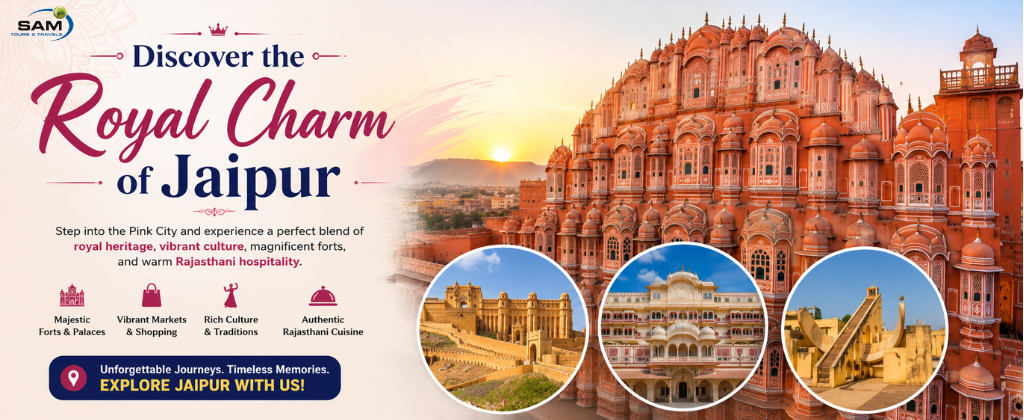 Jaipur travel banner highlighting Hawa Mahal, Amber Fort, City Palace, and Rajasthan tourism attractions.