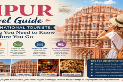 Jaipur travel guide for international tourists featuring Amber Fort, Hawa Mahal, City Palace, colorful bazaars, and the royal heritage of Rajasthan's Pink City.