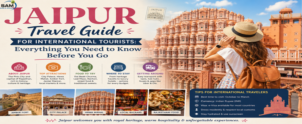 Jaipur travel guide for international tourists featuring Amber Fort, Hawa Mahal, City Palace, colorful bazaars, and the royal heritage of Rajasthan's Pink City.