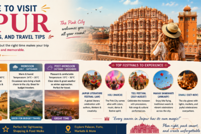 Best time to visit Jaipur featuring Amber Fort, Hawa Mahal, colorful festivals, pleasant winter weather, and top travel experiences in Rajasthan's Pink City.