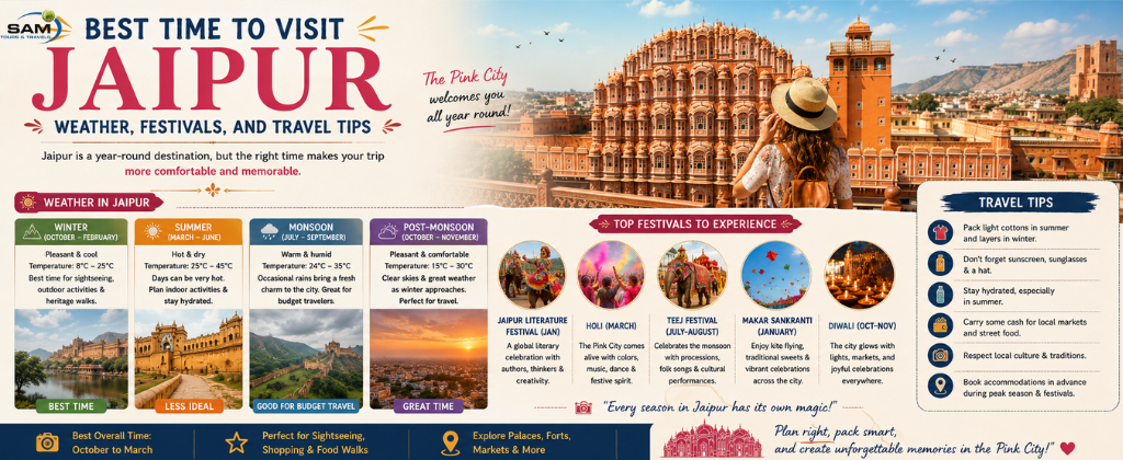 Best time to visit Jaipur featuring Amber Fort, Hawa Mahal, colorful festivals, pleasant winter weather, and top travel experiences in Rajasthan's Pink City.