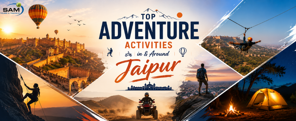Adventure activities in Jaipur including ziplining, hot air ballooning, trekking, camping, and rock climbing near Amber Fort.