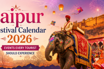 Jaipur Festival Calendar 2026 showcasing Rajasthan's colorful festivals, Hawa Mahal, decorated elephant, camel, and folk dancers.