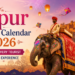 Jaipur Festival Calendar 2026 showcasing Rajasthan's colorful festivals, Hawa Mahal, decorated elephant, camel, and folk dancers.