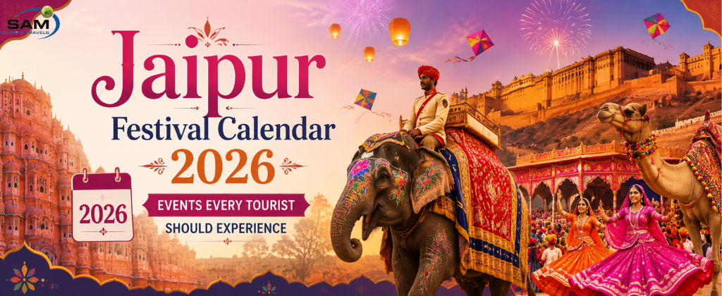 Jaipur Festival Calendar 2026 showcasing Rajasthan's colorful festivals, Hawa Mahal, decorated elephant, camel, and folk dancers.